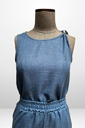 Kadın  Toka Detaylı Eteği Asimetrik Bluz Beli Lastikli Cepli Palazzo Pantolon Keten 2'li Takım