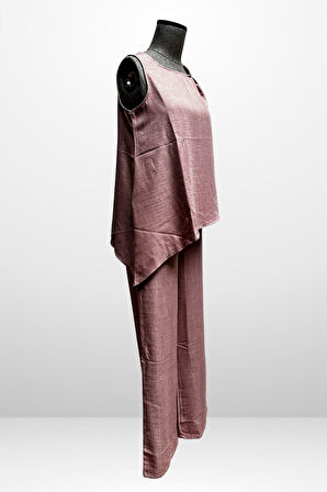 Kadın  Toka Detaylı Eteği Asimetrik Bluz Beli Lastikli Cepli Palazzo Pantolon Keten 2'li Takım