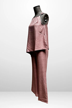 Kadın  Toka Detaylı Eteği Asimetrik Bluz Beli Lastikli Cepli Palazzo Pantolon Keten 2'li Takım