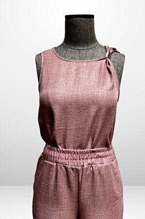 Kadın  Toka Detaylı Eteği Asimetrik Bluz Beli Lastikli Cepli Palazzo Pantolon Keten 2'li Takım