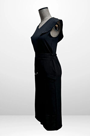 Kadın V Yaka Bluz Beli Lastikli Cepli Önü Yırtmaçlı Etek 2'li Takım