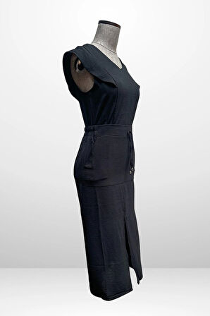 Kadın V Yaka Bluz Beli Lastikli Cepli Önü Yırtmaçlı Etek 2'li Takım