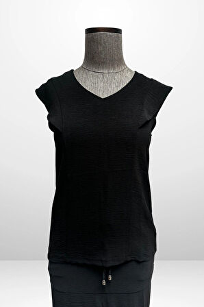 Kadın V Yaka Bluz Beli Lastikli Cepli Önü Yırtmaçlı Etek 2'li Takım