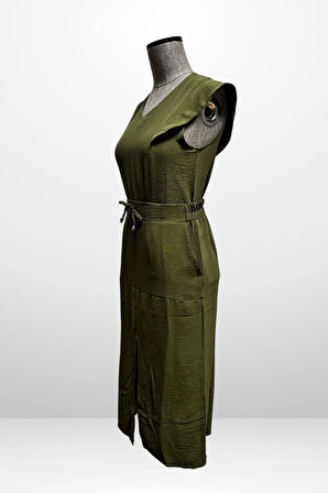 Kadın V Yaka Bluz Beli Lastikli Cepli Önü Yırtmaçlı Etek 2'li Takım