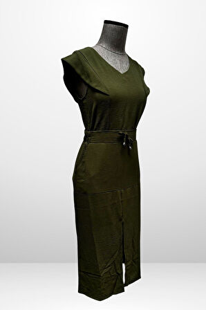 Kadın V Yaka Bluz Beli Lastikli Cepli Önü Yırtmaçlı Etek 2'li Takım