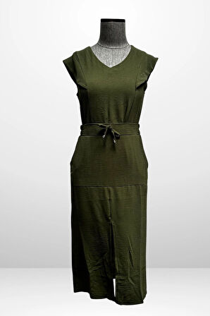 Kadın V Yaka Bluz Beli Lastikli Cepli Önü Yırtmaçlı Etek 2'li Takım