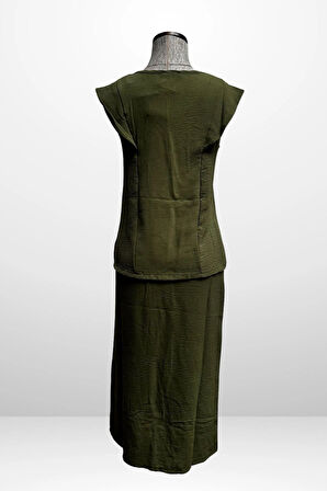 Kadın V Yaka Bluz Beli Lastikli Cepli Önü Yırtmaçlı Etek 2'li Takım