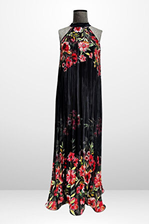 Kadın Çiçek Desenli Astarlı Plisoley Şifon Uzun Elbise