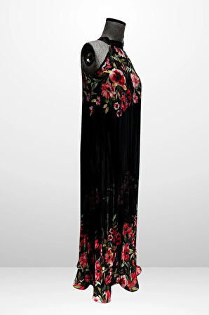 Kadın Çiçek Desenli Astarlı Plisoley Şifon Uzun Elbise