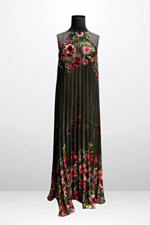 Kadın Çiçek Desenli Astarlı Plisoley Şifon Uzun Elbise