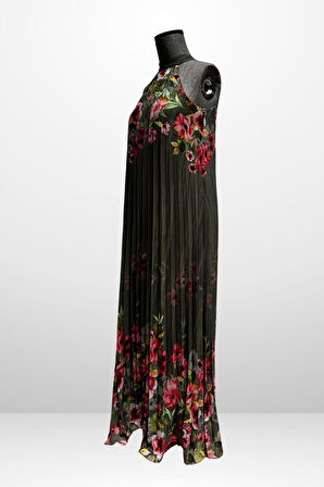 Kadın Çiçek Desenli Astarlı Plisoley Şifon Uzun Elbise