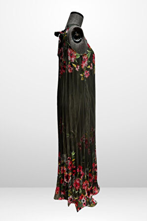 Kadın Çiçek Desenli Astarlı Plisoley Şifon Uzun Elbise