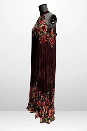 Kadın Çiçek Desenli Astarlı Plisoley Şifon Uzun Elbise