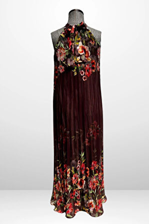 Kadın Çiçek Desenli Astarlı Plisoley Şifon Uzun Elbise