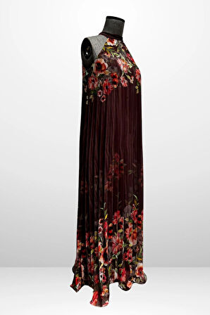 Kadın Çiçek Desenli Astarlı Plisoley Şifon Uzun Elbise