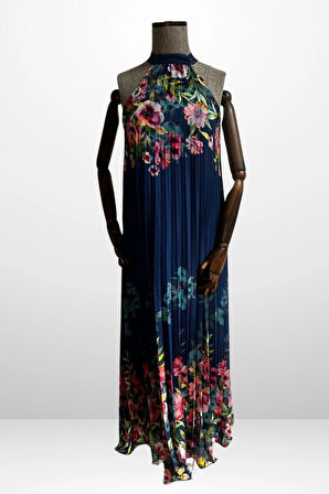 Kadın Çiçek Desenli Astarlı Plisoley Şifon Uzun Elbise