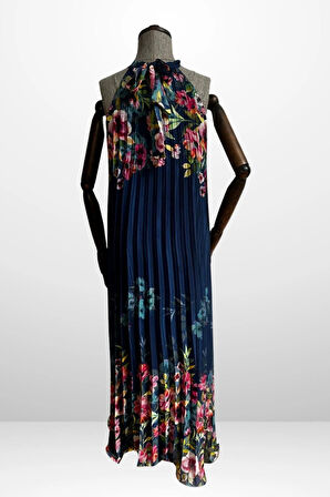 Kadın Çiçek Desenli Astarlı Plisoley Şifon Uzun Elbise