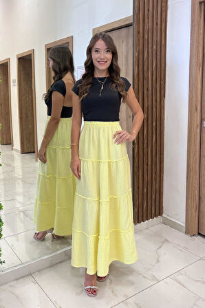 Kadın Beli Lastikli Katlı Müslin Uzun Etek