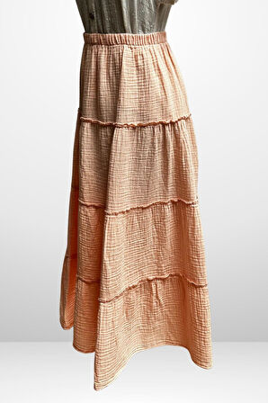 Kadın Beli Lastikli Katlı Müslin Uzun Etek