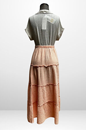 Kadın Beli Lastikli Katlı Müslin Uzun Etek