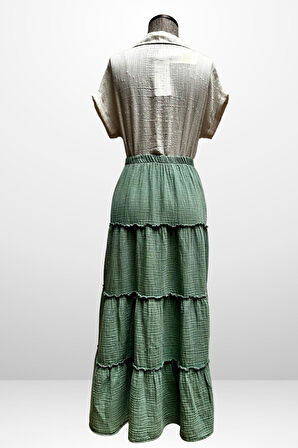 Kadın Beli Lastikli Katlı Müslin Uzun Etek