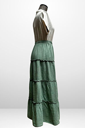 Kadın Beli Lastikli Katlı Müslin Uzun Etek