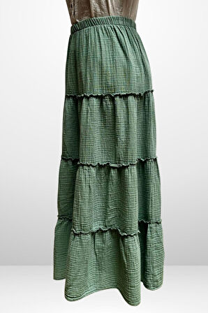 Kadın Beli Lastikli Katlı Müslin Uzun Etek