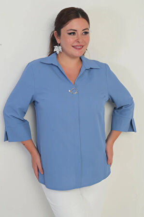 Polo Yaka  Çeyrek Kol Büyük Beden Bluz