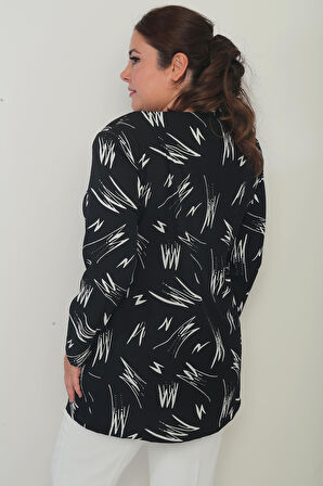 Kadın  İçi Kolsuz Likralı Bluz Önü Şerit Pu Detaylı Desenli Krep Ceket Büyük Beden 2'li Takım