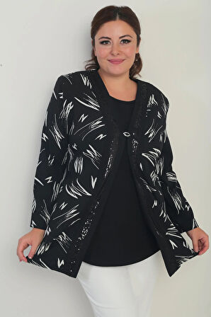 Kadın  İçi Kolsuz Likralı Bluz Önü Şerit Pu Detaylı Desenli Krep Ceket Büyük Beden 2'li Takım