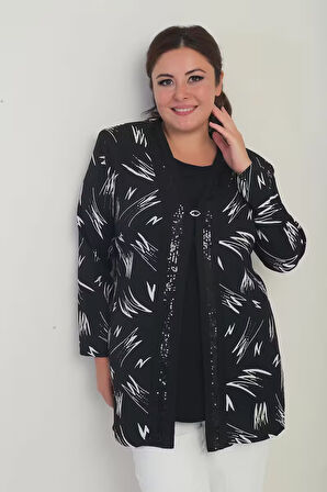 Kadın  İçi Kolsuz Likralı Bluz Önü Şerit Pu Detaylı Desenli Krep Ceket Büyük Beden 2'li Takım