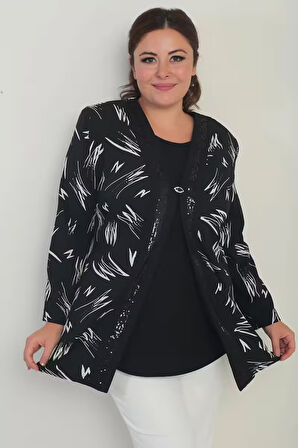 Kadın  İçi Kolsuz Likralı Bluz Önü Şerit Pu Detaylı Desenli Krep Ceket Büyük Beden 2'li Takım