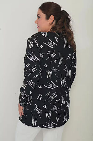 Kadın  İçi Kolsuz Likralı Bluz Önü Şerit Pu Detaylı Desenli Krep Ceket Büyük Beden 2'li Takım