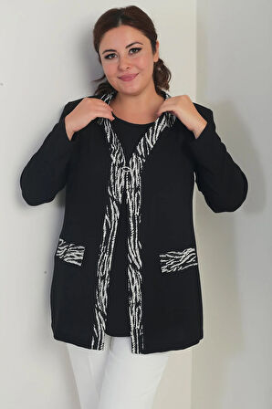 Kadın İçi Kolsuz Likralı Bluz Önü Şerit Desenli Krep Ceket Büyük Beden 2'li Takım