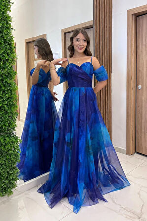 Kadın İnce Askılı takma Kollu Astarlı Çiçekli Organze Uzun Elbise