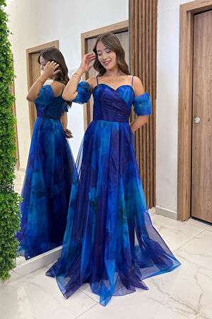 Kadın İnce Askılı takma Kollu Astarlı Çiçekli Organze Uzun Elbise