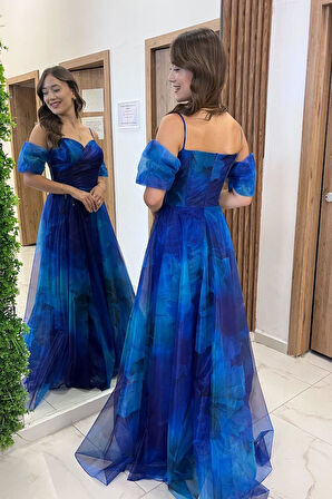 Kadın İnce Askılı takma Kollu Astarlı Çiçekli Organze Uzun Elbise