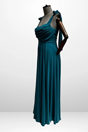 Kadın Degaje Yaka Omuz Bağlamalı Astarlı Büyük Beden Krep Şifon Uzun Elbise