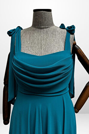 Kadın Degaje Yaka Omuz Bağlamalı Astarlı Büyük Beden Krep Şifon Uzun Elbise