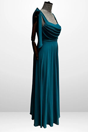 Kadın Degaje Yaka Omuz Bağlamalı Astarlı Büyük Beden Krep Şifon Uzun Elbise