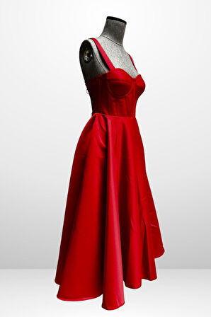 Kadın Askılı Sırtı İpli Korsajlı Saten Kloş Midi Elbise