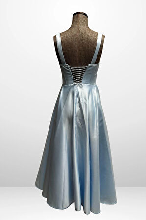 Kadın Askılı Sırtı İpli Korsajlı Saten Kloş Midi Elbise