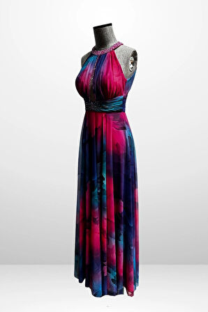 Kadın Önü Drapeli Astarlı Boncuk Detaylı Çiçekli Uzun  Şifon Elbise