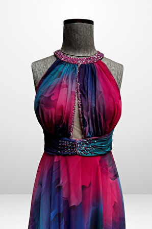 Kadın Önü Drapeli Astarlı Boncuk Detaylı Çiçekli Uzun  Şifon Elbise