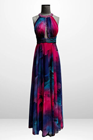 Kadın Önü Drapeli Astarlı Boncuk Detaylı Çiçekli Uzun  Şifon Elbise