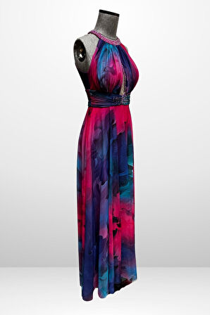 Kadın Önü Drapeli Astarlı Boncuk Detaylı Çiçekli Uzun  Şifon Elbise