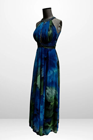 Kadın Önü Drapeli Astarlı Boncuk Detaylı Çiçekli Uzun  Şifon Elbise