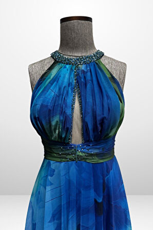 Kadın Önü Drapeli Astarlı Boncuk Detaylı Çiçekli Uzun  Şifon Elbise