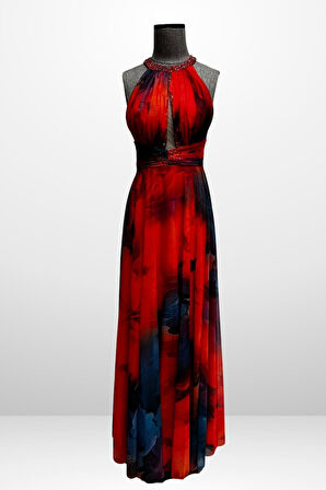 Kadın Önü Drapeli Astarlı Boncuk Detaylı Çiçekli Uzun  Şifon Elbise