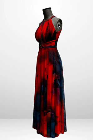 Kadın Önü Drapeli Astarlı Boncuk Detaylı Çiçekli Uzun  Şifon Elbise